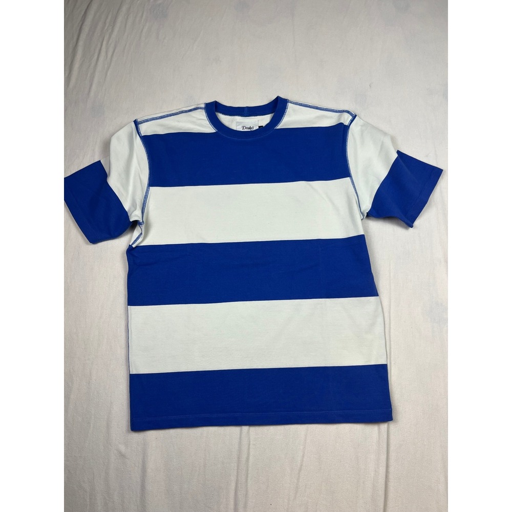 Drake's London Blue White Striped Cotton T-Shirt Mens Medium Made in Portugal